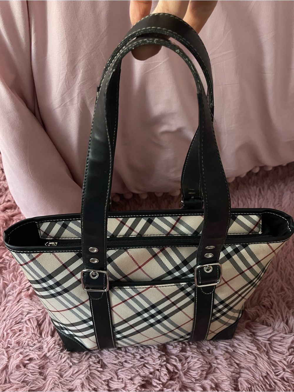 Beige Plaid Tote Bag with Black Trim - Picture 6 of 7